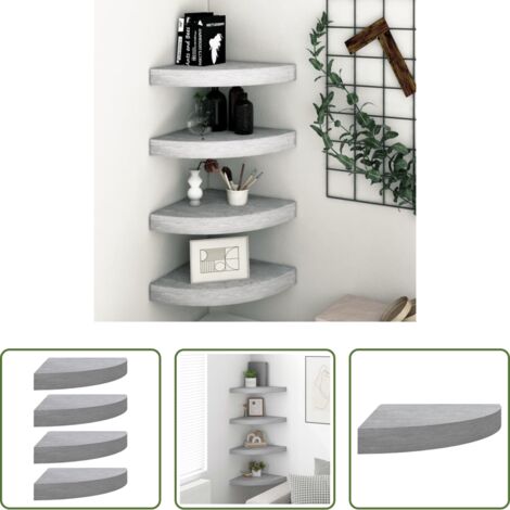Estantes esquineros -  Estantes de esquina pared 4 uds MDF gris hormigón 25x25x3,8 cm