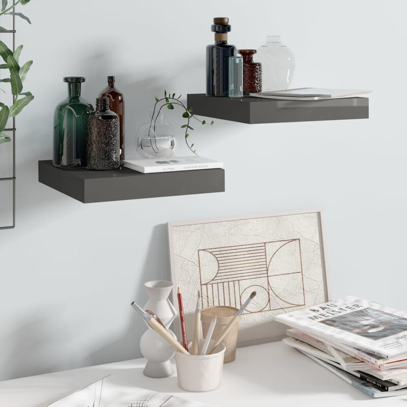 

Estantes flotantes pared 2 uds gris brillo MDF 23x23,5x3,8 cm