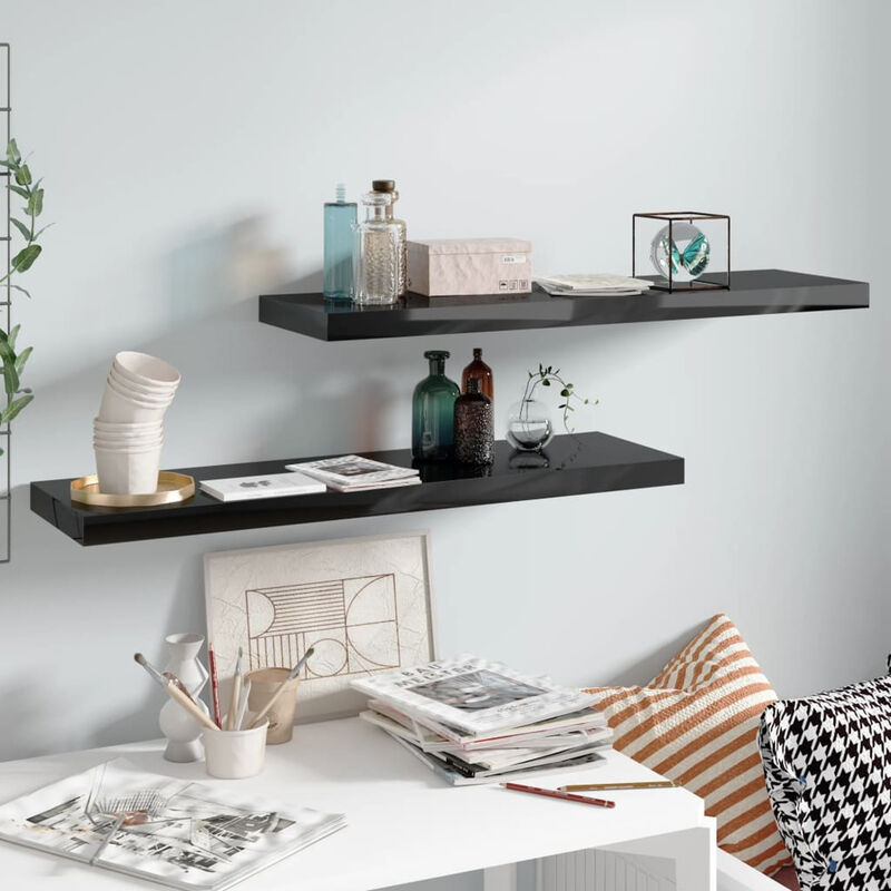 

Estantes flotantes pared 2 uds negro brillo MDF 90x23,5x3,8cm