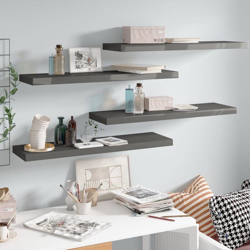 

Estantes flotantes pared 4 uds gris brillo MDF 90x23,5x3,8cm