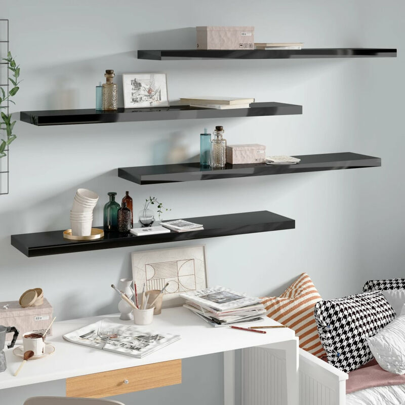 

Happyshopping - Estantes flotantes pared 4 uds negro brillo MDF 120x23,5x3,8 cm