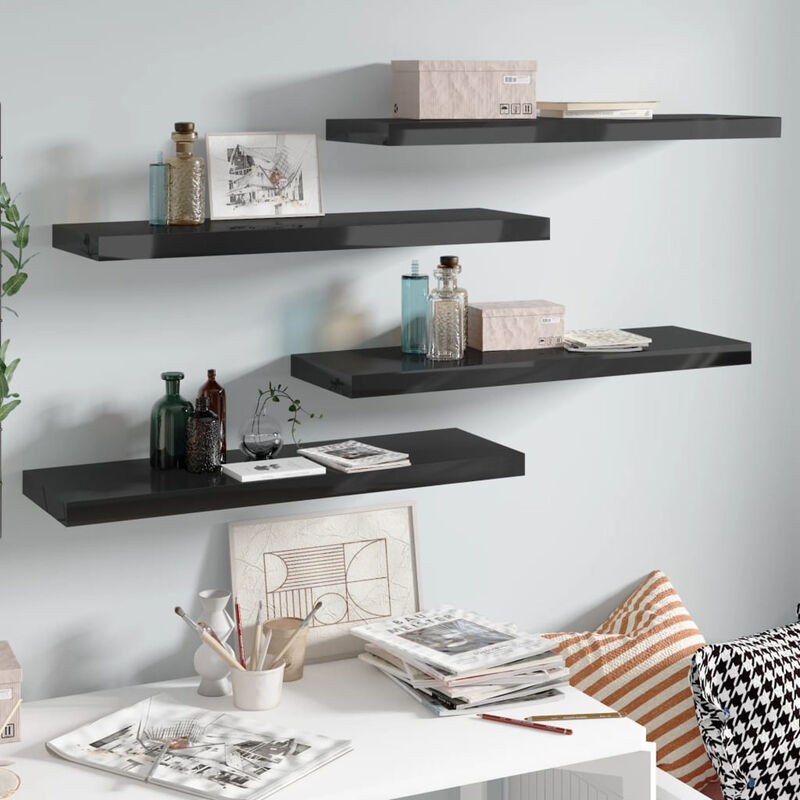 

Estantes flotantes pared 4 uds negro brillo MDF 80x23,5x3,8 cm