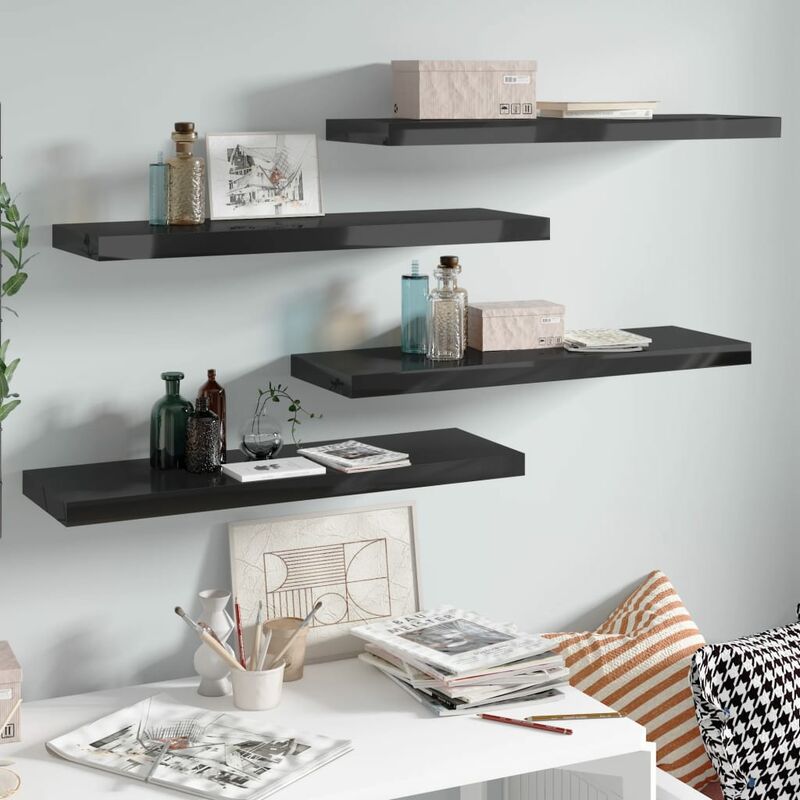 

Estantes flotantes pared 4 uds negro brillo MDF 80x23,5x3,8 cm