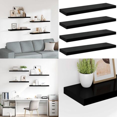 Estantes flotantes pared 4 uds negro brillo MDF 90x23,5x3,8cm - Estantería de madera - Estantería de madera con metal