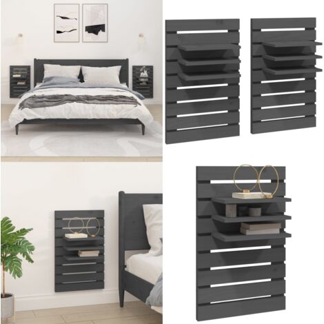 Estantes mesitas de pared 2 uds madera maciza de pino gris - Mesitas de noche - Estantes de madera