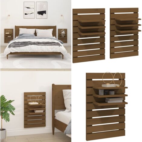 Estantes mesitas pared 2 uds madera maciza de pino marrón miel - Mesitas de noche - Estantes de madera