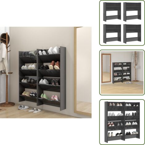 Estantes para zapatos - vidaXL Zapateros de pared 4 uds contrachapada gris brillo 60x18x60 cm - Estantes de madera