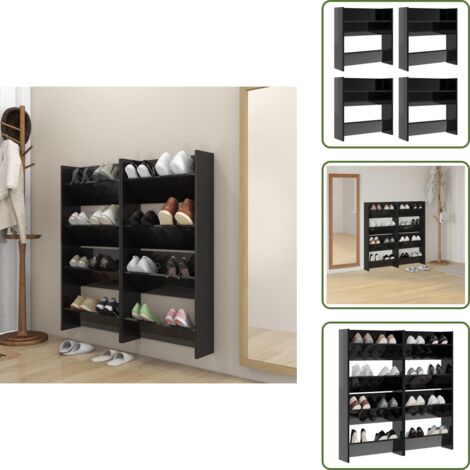 Estantes para zapatos - vidaXL Zapateros de pared 4 uds contrachapada negro brillo 60x18x60 cm - Armario de pared