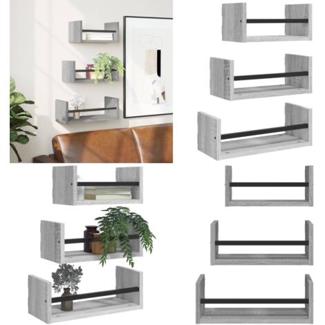 Estantes pared con barras 3 pzas madera ingeniería gris Sonoma - Estantería de madera - Estantería de acero