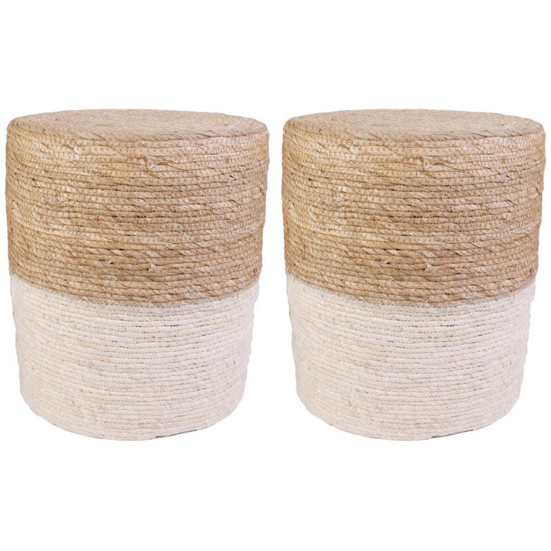 Estany - Lot de 2 Poufs Ronds Tressés Naturel et Beige