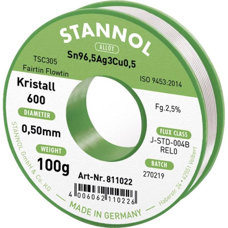 Stannol Kristall 600 estaño para soldar sin plomo plata 100 g
