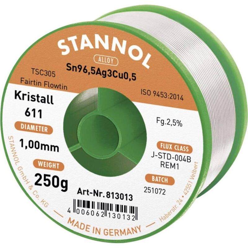 Stannol Kristall 611 Estaño para soldar sin plomo plata 250 g