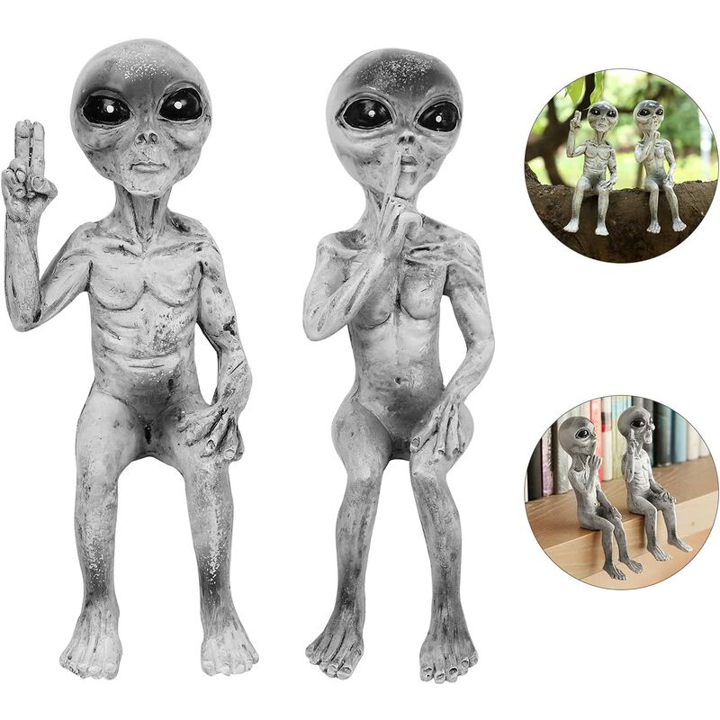 Estatua de alienígena, figura de alienígena de jardín, esculturas de adorno de jardín de arte de resina, juego de 2 estatuas de alienígena de resina