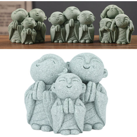 Estatua de Buda en miniatura hecha de arenisca verde con 3 pequeños monjes, decoración para acuario, hogar zen y oficina.