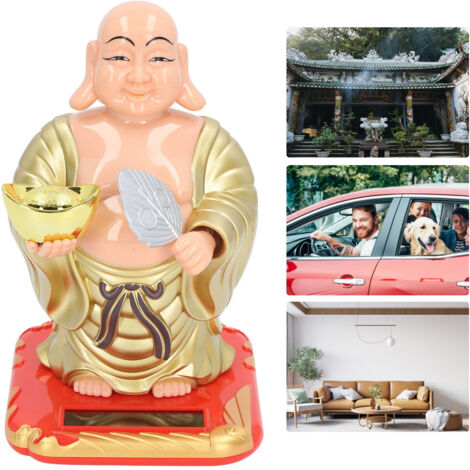 Estatua de Buda Maitreya alimentada por energía solar, modelo de plástico LX-19, para el salpicadero del coche con función de inclinación automática de la cabeza.