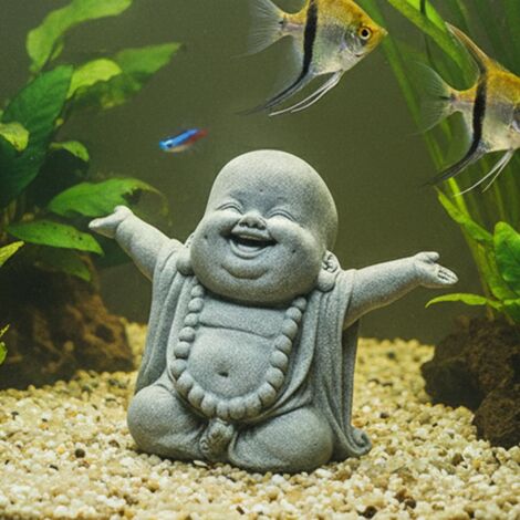 Estatua de Buda sonriente en arenisca para decoración de acuarios, accesorio para acuarios de peces betta, escultura de monje zen para la riqueza según el Feng Shui, decoración del hogar, la oficina y