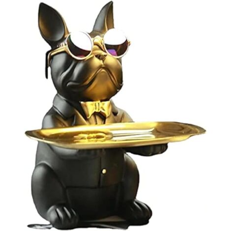 Estatua de bulldog con bandeja decorativa - Bandeja de resina para guardar llaves, golosinas y adornos, decoración moderna para el hogar (negro)