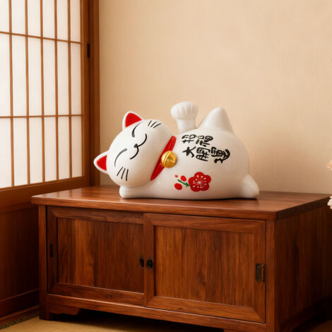 Estatua de gato de la suerte Maneki-Neko – Figura de gato de la suerte con energía solar en posición reclinada con el brazo extendido, ABS, 10,5 x 6 x 7 cm, Gris, 1 pieza
