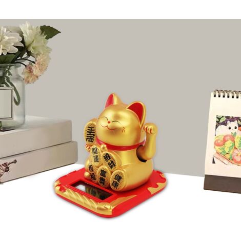 Estatua de gato de plástico color champán Lucky Cat con brazos que se mueven y panel solar para el hogar, la oficina y el coche.