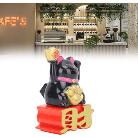 Estatua del gato de la suerte Maneki Neko MLY23109, negra, con brazos móviles, trae prosperidad a la oficina y al coche.