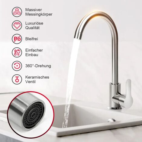Este grifo de cocina está fabricado en acero inoxidable 304, cuenta con un diseño giratorio de 360° de alta presión e incluye un grifo monomando para fregadero y un grifo mezclador (plateado).