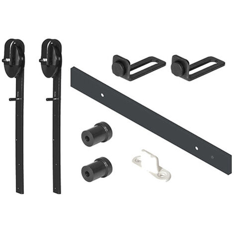 ESTEBRO puerta granero nylon 1.8 m 30x5 negro kit , El kit para puertas correderas rústicas o de granero negro está compuesto de: 1 pletina negra, 2 herrajes poleas rústicas, 2 top
