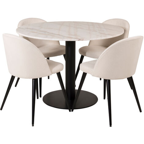 EstelleØ106WHBL ensemble table, table blanc, marbre et 4 Velvet chaises Velours côtelé beige, noir.