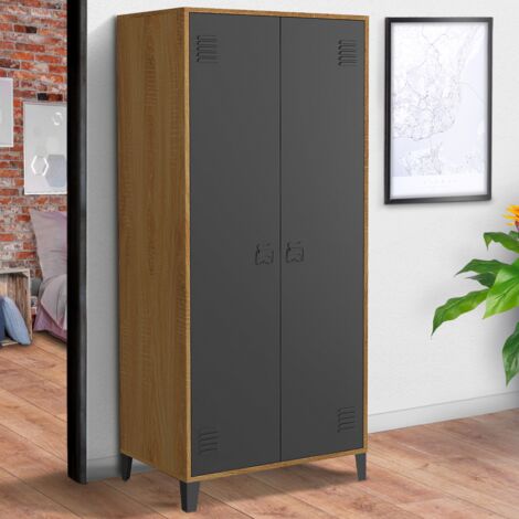 ESTER Armario guardarropa de diseño industrial de 2 puertas de metal negro y contorno de madera