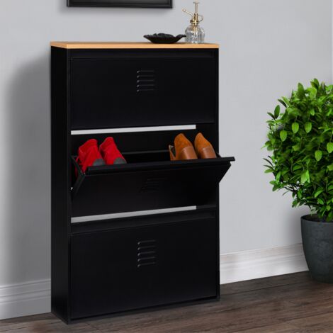ESTER Mueble zapatero de 3 puertas de metal negro con tapa de madera de diseño industrial