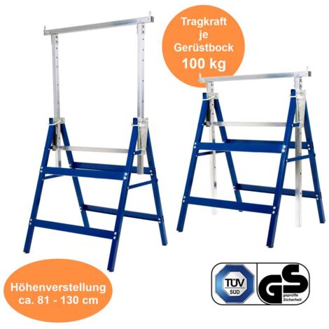 Estexo – Tréteau pliable réglable en hauteur 81-130 cm – Acier revêtu de poudre – Charge 200 kg – Lot de 2 tréteaux pour chantiers