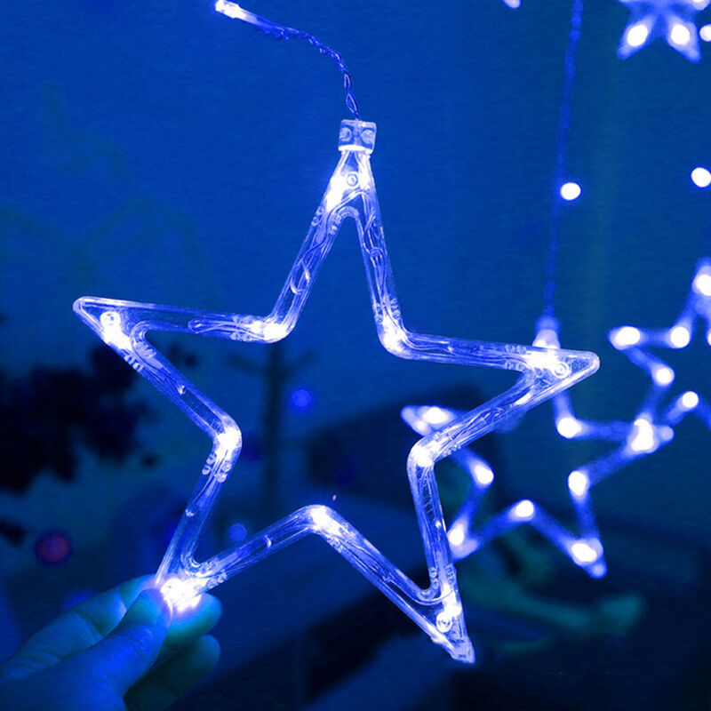 

Lámpara de cortina de pentáculo colgante en forma de estrella, Guirnaldas de luces, 8 modos intermitentes, Azul