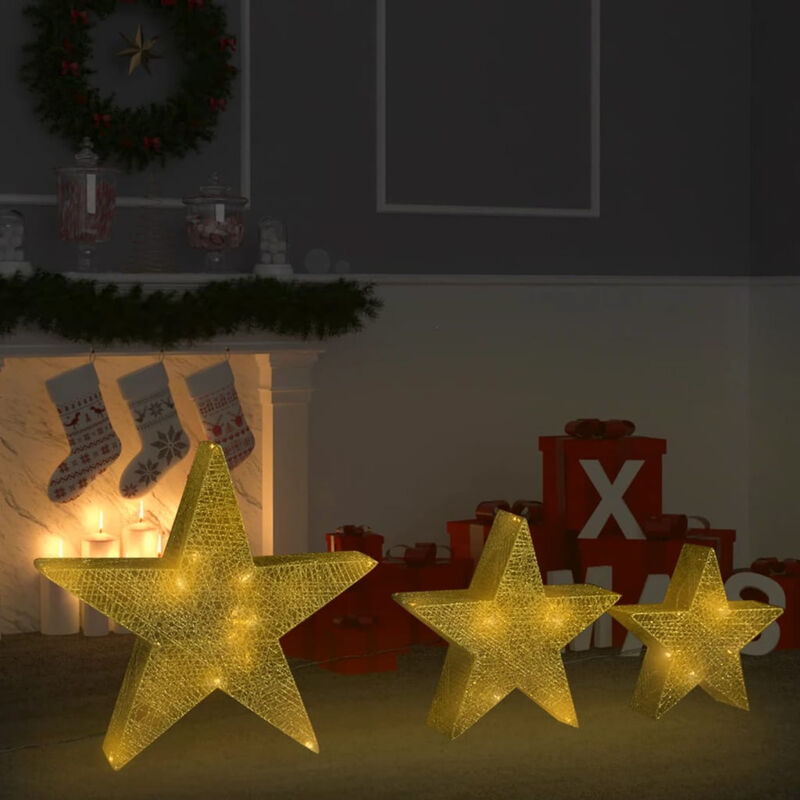 

Happyshopping - Estrellas decoracion navidena 3 piezas LED malla dorada