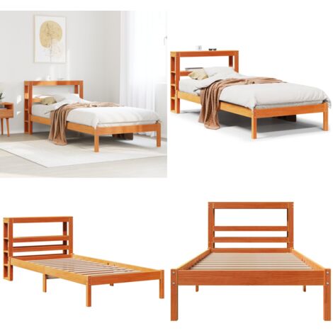 Estructura cama con cabecero madera pino marrón cera 100x200 cm - Estructura de cama - Cabecero de cama