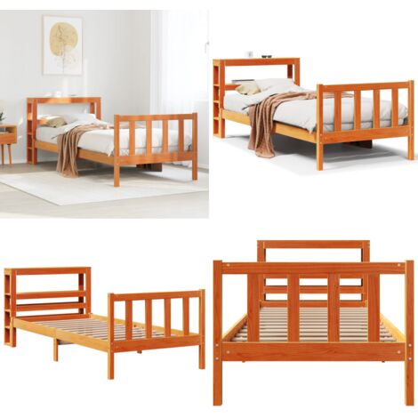 Estructura cama con cabecero madera pino marrón cera 100x200 cm - Estructura de cama - Cabecero de cama