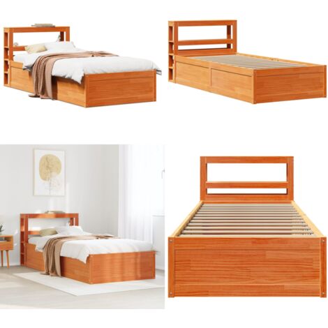 Estructura cama con cabecero madera pino marrón cera 100x200 cm - Estructura de cama - Cabecero de cama