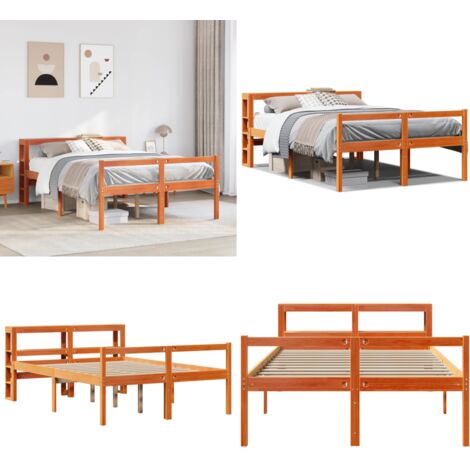 Estructura cama con cabecero madera pino marrón cera 120x190 cm - Cama de madera - Cama con cabecero