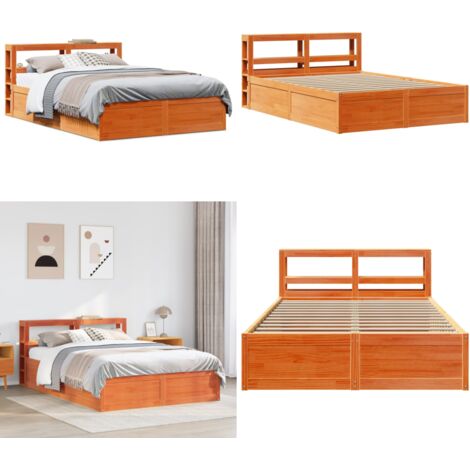 Estructura cama con cabecero madera pino marrón cera 135x190 cm - Estructura de cama - Cabecero de cama
