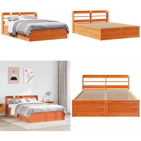 Estructura cama con cabecero madera pino marrón cera 140x190 cm - Estructura de cama - Cabecero de cama