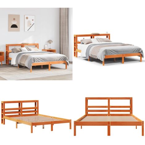 Estructura cama con cabecero madera pino marrón cera 140x190 cm - Estructura de cama - Cabecero de cama