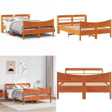 Estructura cama con cabecero madera pino marrón cera 140x190 cm - Estructura de cama - Cabecero de madera