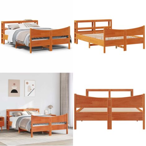 Estructura cama con cabecero madera pino marrón cera 150x200 cm - Estructura de cama - Cabecero de cama