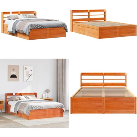 Estructura cama con cabecero madera pino marrón cera 150x200 cm - Estructura de cama - Cabecero de cama