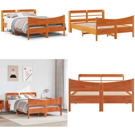 Estructura cama con cabecero madera pino marrón cera 150x200 cm - Estructura de cama - Cabecero de madera