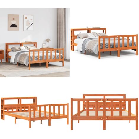 Estructura cama con cabecero madera pino marrón cera 160x200 cm - Estructura de cama - Cabecero de cama