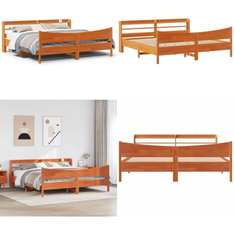 Estructura cama con cabecero madera pino marrón cera 200x200 cm - Estructura de cama - Cabecero de cama