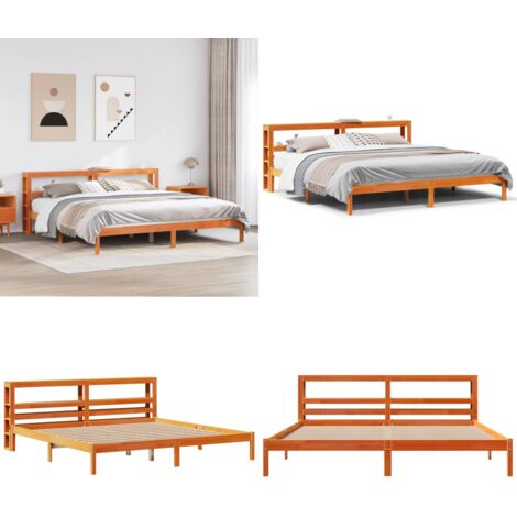 Estructura cama con cabecero madera pino marrón cera 200x200 cm - Estructura de cama - Cabecero de cama
