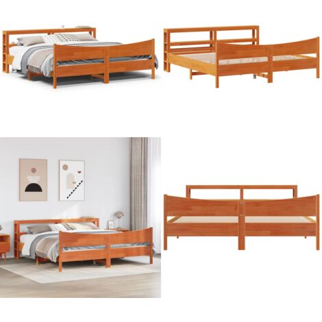 Estructura cama con cabecero madera pino marrón cera 200x200 cm - Estructura de cama - Cabecero de madera