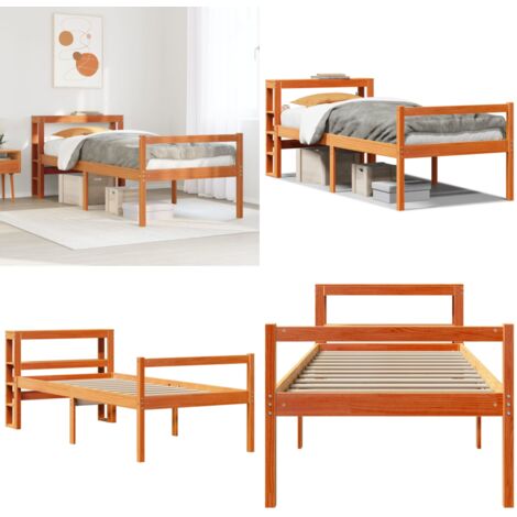 Estructura cama con cabecero madera pino marrón cera 75x190 cm - Cama con cabecero - Cama de madera