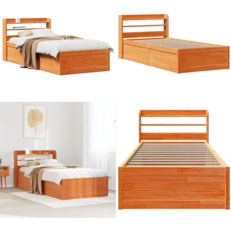 Estructura cama con cabecero madera pino marrón cera 75x190 cm - Estructura de cama - Cabecero de cama