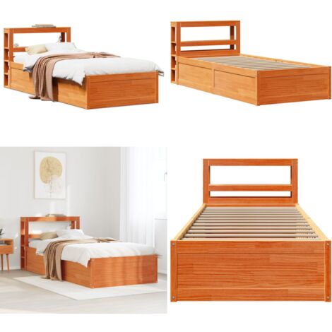 Estructura cama con cabecero madera pino marrón cera 75x190 cm - Estructura de cama - Cabecero de cama